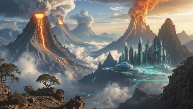 Futuristic Citadel Amid Volcanic Chaos
