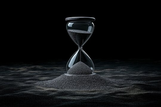 A dark, eerie hourglass filled with black sand, symbolizing lost time