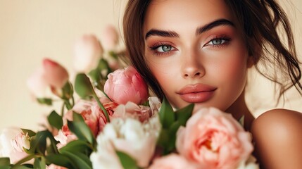 Fototapeta premium Attractive Brunette Woman Holding Big Bouquet of Spring Flowers