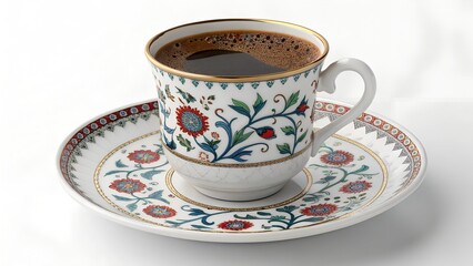 he image showcases a cup of Turkish coffee on a matching saucer