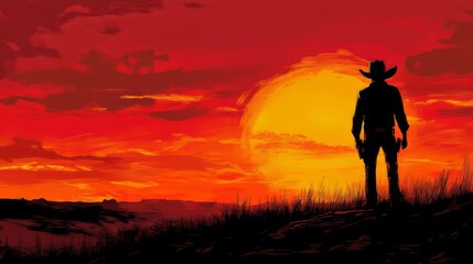Fototapeta premium Lone Cowboy Silhouette Stands Against A Fiery Sunset, Evoking Adventure And The Spirit Of The Wild West.
