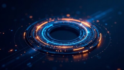 Futuristic blue and orange digital interface ring on dark background.