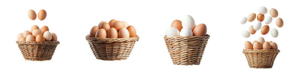 Assorted chicken eggs including brown and white varieties displayed in rustic wicker baskets on a white background