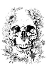 Fototapeta premium Vector illustration for coloring page. A skull with flowers surrounding it