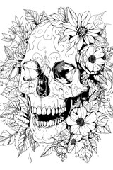 Fototapeta premium Vector illustration for coloring page. A skull with flowers surrounding it