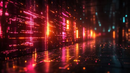 Obraz premium Neon Cyberpunk Digital Cityscape: A Futuristic Digital Corridor