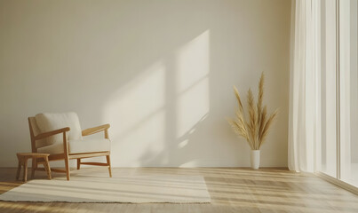 Minimalist Scandinavian Living Room with Wooden Furniture and Soft Sunlight 3D Render