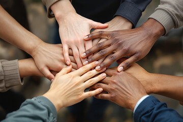 Diverse human hands joined together in a supportive team gesture, realistic style on a soft natural background, concept of unity and cooperation, Ai generative