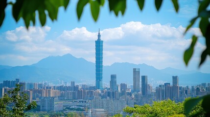 Fototapeta premium A distant view of skyscrapers framed by mountains in the background.