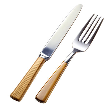 Fork and Knife Set with Wooden Handles Isolated on White Background as Transparent. PNG. AI GENERATED