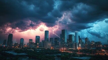 Fototapeta premium A dramatic thunderstorm over a city skyline with skyscrapers.