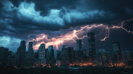 Obraz premium A dramatic thunderstorm over a city skyline with skyscrapers.