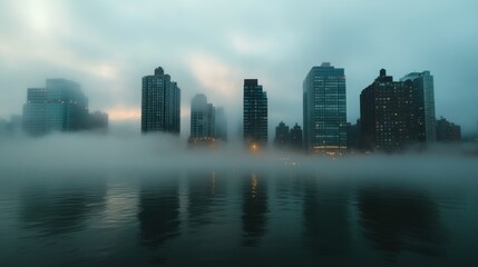 Fototapeta premium A foggy morning with skyscrapers partially hidden in mist.