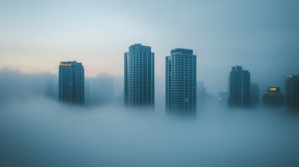 Fototapeta premium A foggy morning with skyscrapers partially hidden in mist.