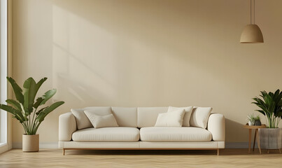 Minimalist Scandinavian Living Room with Wooden Furniture and Soft Sunlight 3D Render