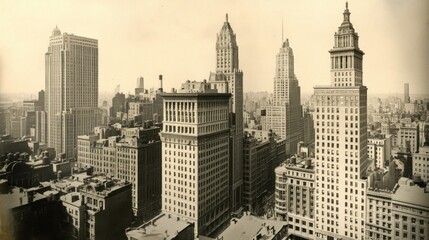A historical photo of a city skyline with early 20th-century skyscrapers.