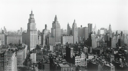 A historical photo of a city skyline with early 20th-century skyscrapers.