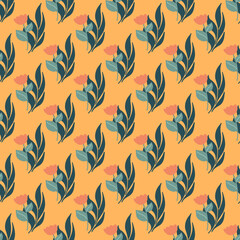 Obraz premium Seamless floral pattern orange flower with green leaf with yellow background