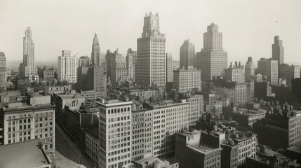 Naklejka premium A historical photo of a city skyline with early 20th-century skyscrapers.