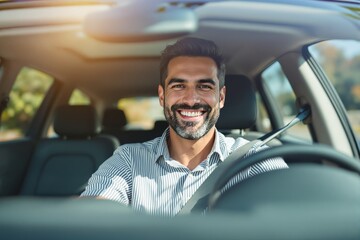 Smiling man driving car, front seat view with creative outdoor background, wearing striped shirt and seatbelt, concept of happiness and freedom. Ai generative