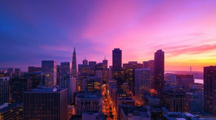 Obraz premium A panoramic view of a city skyline at dusk with vibrant colors.