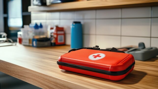 A first aid kit and a defibrillator on a wooden counter in an emergency response setting.