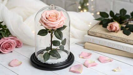 Elegant Preserved Rose in a Glass Dome, Isolated on a White Background, symbolizing eternal love and elegance, Professional Luxury Floral Decoration Stock Image