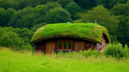 Obraz premium Idyllic Green Roof Cottage in Lush Forest Landscape