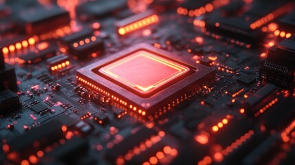 Fototapeta premium Close-up of a Glowing Red CPU Processor on a Circuit Board