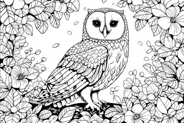Fototapeta premium Vector illustration for coloring book. A drawing of a large owl perched on a branch. The image has a peaceful and serene mood, as the owl is surrounded by nature