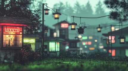 Enchanting Asian Street Scene at Dusk Illuminated Shops and Hanging Lanterns