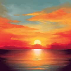 Fototapeta premium Serene Sunset Over Calm Ocean Mountains