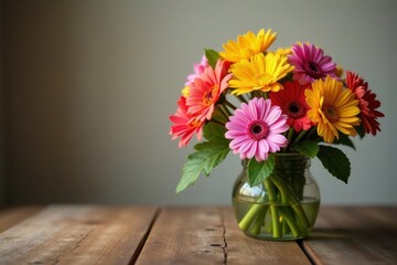 Fototapeta premium Fresh cut flowers arranged in a bouquet on a wooden table with a soft, warm light , bouquet, flower