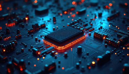 Dark circuit board with a microchip illuminated by orange lights, perfect for technology and electronics design concept