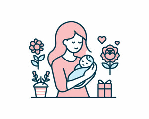 Happy Mother's Day Cartoon Logo. Mother and Baby Vector Illustration Design