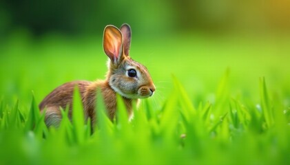 Obraz premium High-contrast shot of brown rabbit hiding among blades of tall green grass, animal hides, brown rabbit