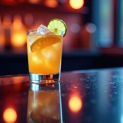 Ice-filled glass with a splash of citrusy liquid and a wedge of lime, reflected in the bar counter's shiny surface, drink, lime