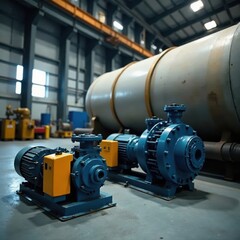 Industrial diaphragm pumps in a factory setting with large tank and pipes, diaphragm pump, manufacturing
