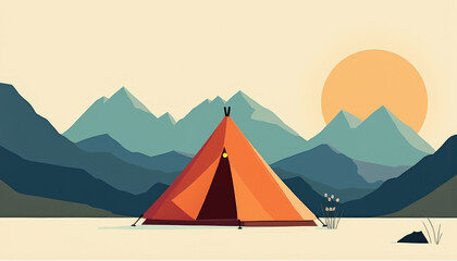 Tent in a serene landscape with mountains and sunset, perfect for outdoor adventure concept