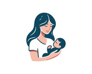 Happy Mother's Day Cartoon Logo. Mother and Baby Vector Illustration Design