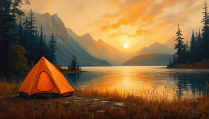 Tent by a serene lake at sunset with mountains, perfect for camping and nature adventure concept