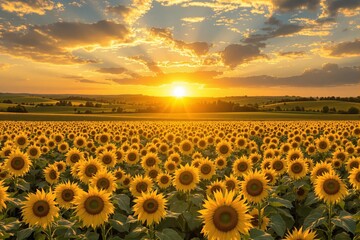 Fototapeta premium Vast sunflower field under golden sunset sky, creative style, countryside background, concept of summer beauty and natural abundance, Ai generative