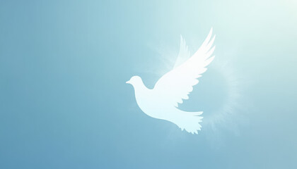 White dove silhouette soaring in a bright blue sky, perfect for peace and freedom concept