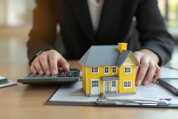 Yellow house model on documents with woman using calculator in office background, creative concept of home loan, mortgage, and financial planning. Ai generative