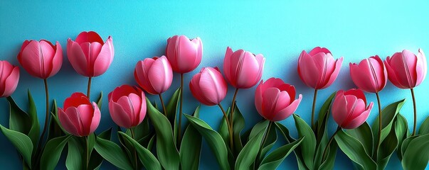 Fototapeta premium Vibrant pink tulips with fresh green stems and petals bloom in spring, showcasing fresh, vibrant flowers.
