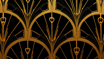 Art Deco pattern with golden lines on a black background, ideal for vintage design and decoration concept