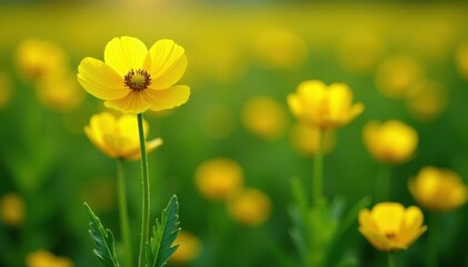 Fototapeta premium Papaveraceae family plant with yellow flowers and lobed leaves in a field, green, botanical