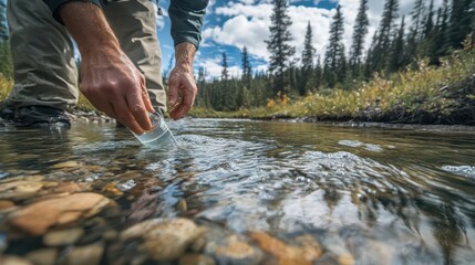 Someone taking a water sample from a mountain stream in nature