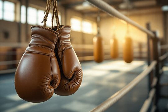 Brown boxing gloves hanging on ropes in an empty boxing gym with warm sunlight, photorealistic style, blurred indoor background, concept of strength. Ai generative