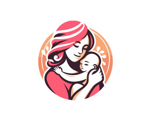 Happy Mother's Day Cartoon Logo. Mother and Baby Vector Illustration Design